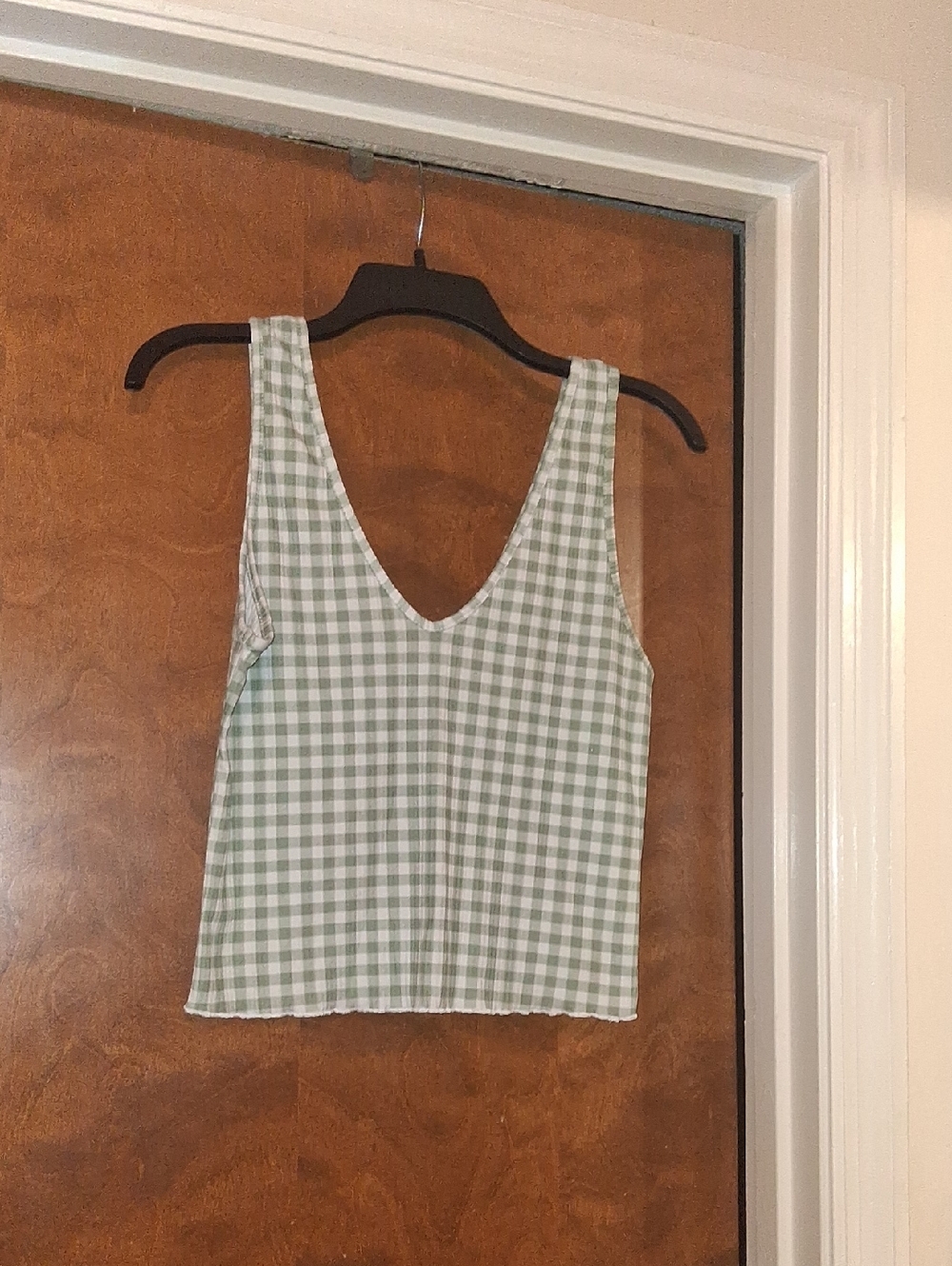 Caution To The Wind Sage Green Gingham V-Neck Tank